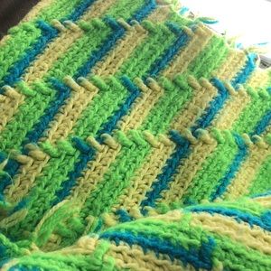 vintage crochet afagan blanket retro vibrant color green blue with yellow